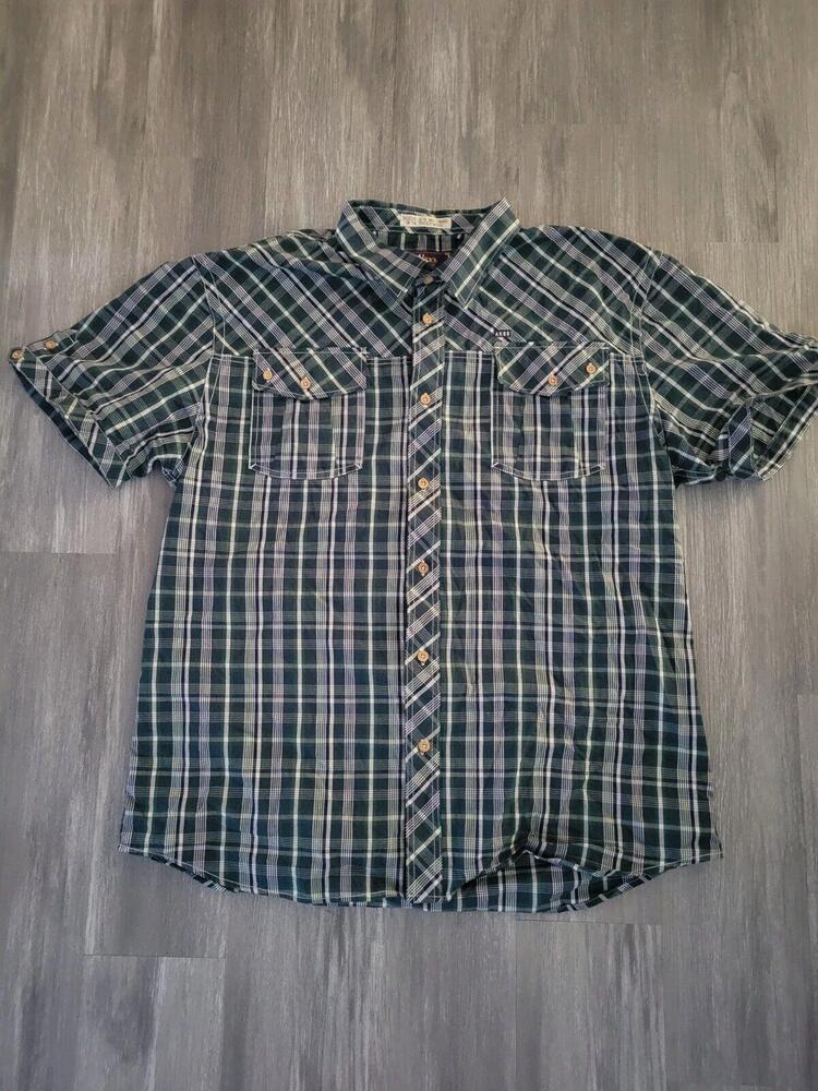 AKOO Mens button up short sleeve shirt 2XL plaid Vintage Polo Western Cowboy